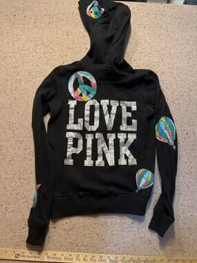 Y2K Victoria's Secret Pink Full Zip Hoodie Rhinestone Spell Out Peace Heart XS